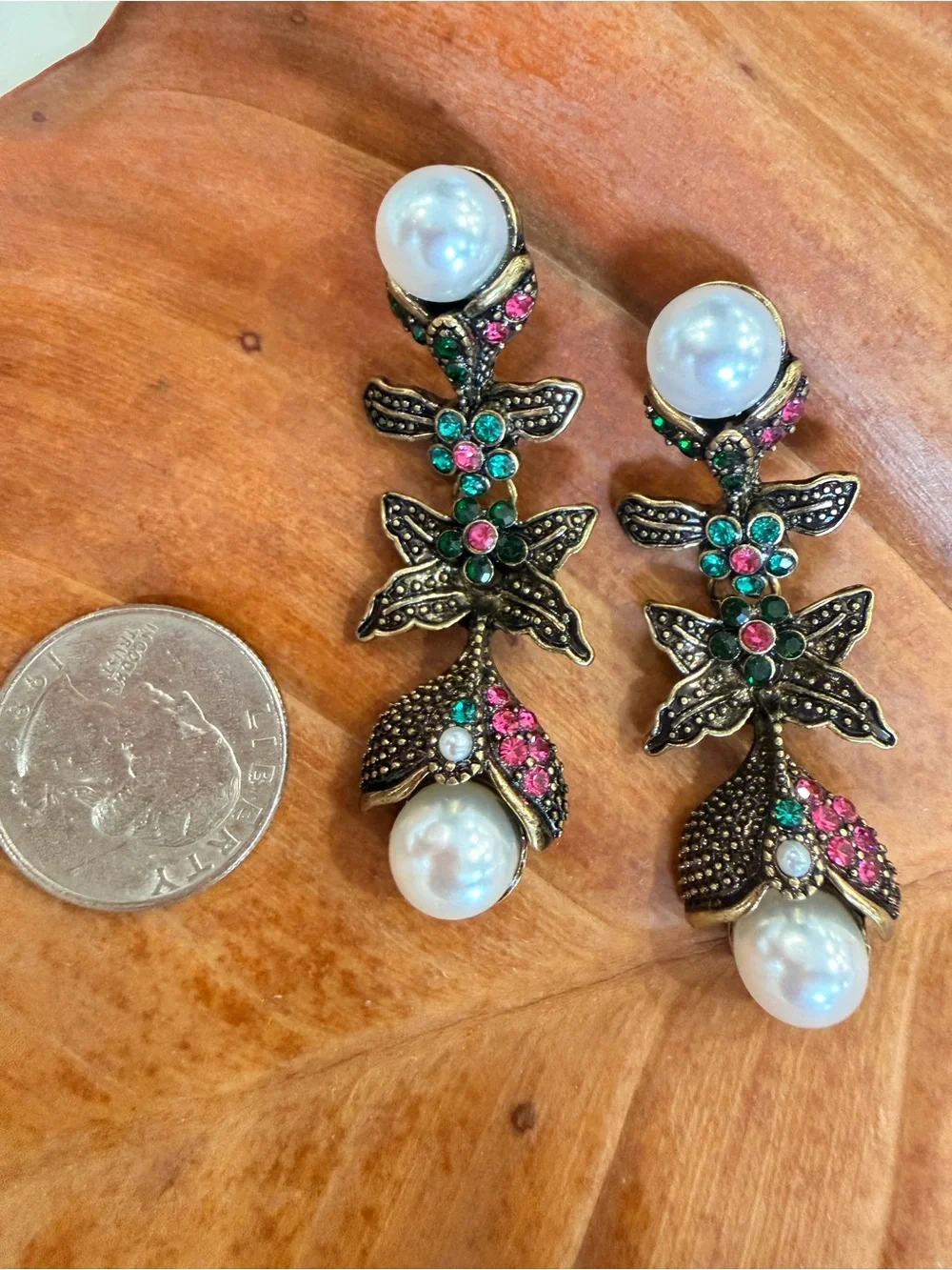 Vintage-Inspired Pearl Drop Earrings with Pink & Green Crystals